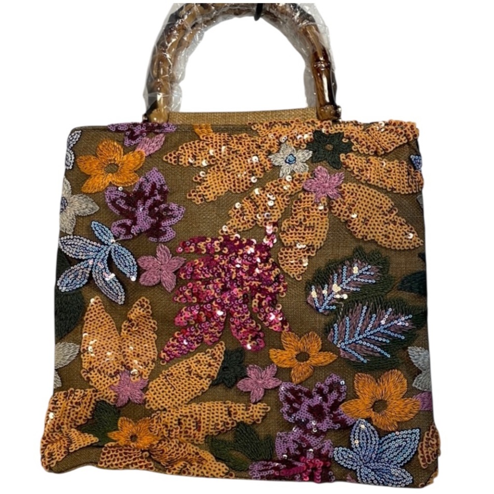 Colorful Floral Embroidered Sequin Jute Tote Bamboo Design Handles NWOT